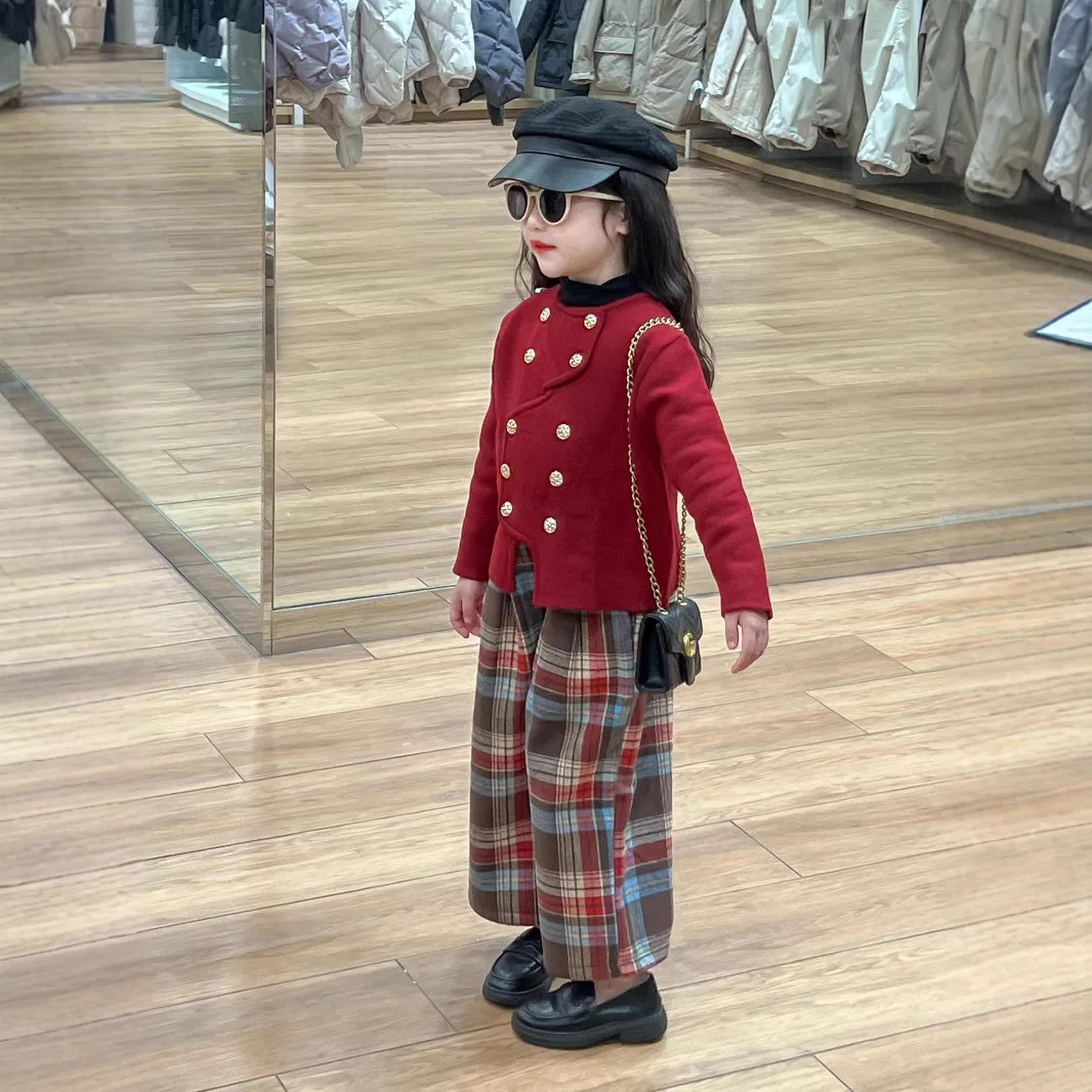 Wide-leg Pants Knitted Coat Grid Colorful Red Festive Children Winter Cotton Fashionable Sweet Cute Comfortable Casual