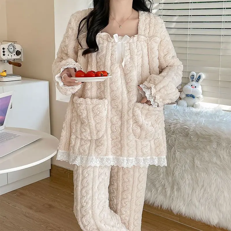 2023 Winter New Women Long Sleeve Oversized Flannel Pajamas Coral Fleece Suit Loose Thick Homewear Comfortable Outcoat