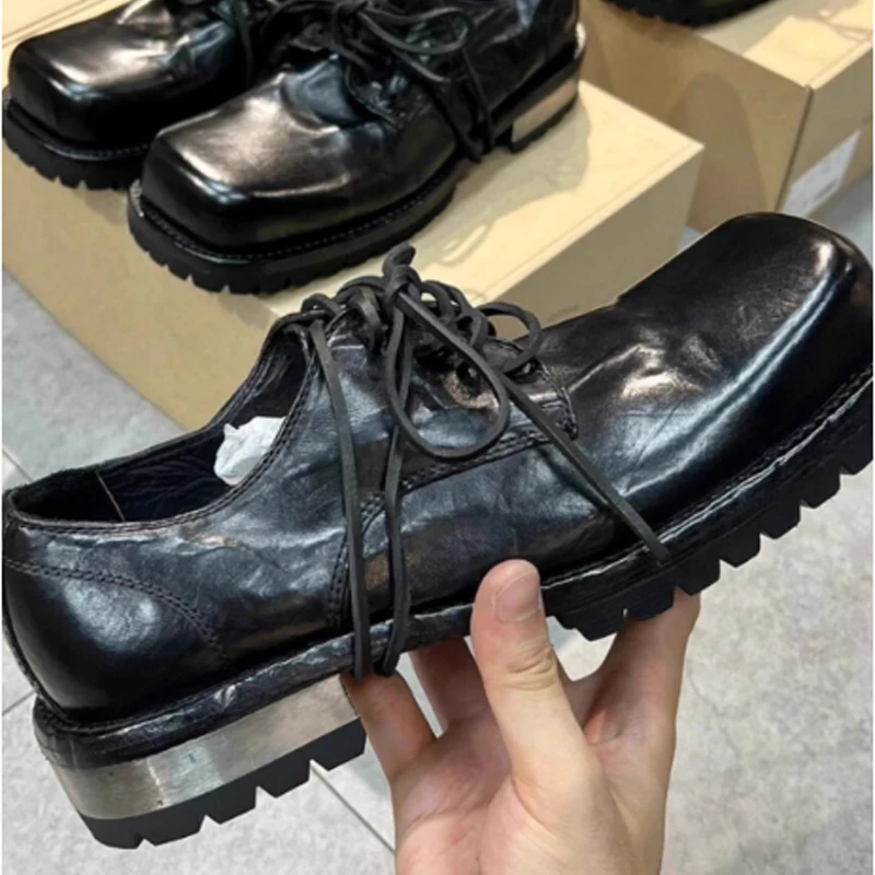 

Platform Lace-Up Metal Square-Toe Chunky Heels Loafers Shoes Men's 2026 Black Upturned Toes Front Laces Casual Formal Footwear