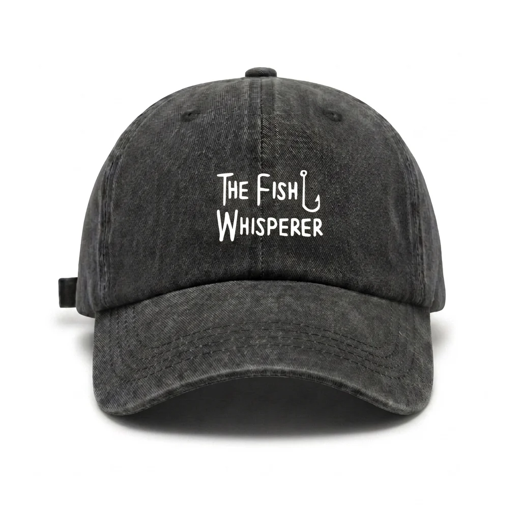 Vintage Washed Fish Whisperer Quote Print Baseball Cap, Adjustable Unisex Dad Hat with Metal Buckle, Fishing Angler Gift for Men