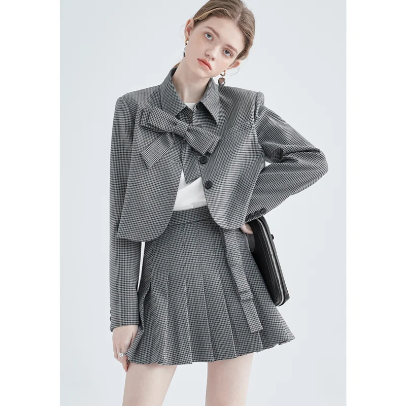 

Women's New Style Butterfly Knot Fashion Check Suit Skirt Woman Autumn Clothes Outerwear Skirt Suits Temperament Two Piece Set