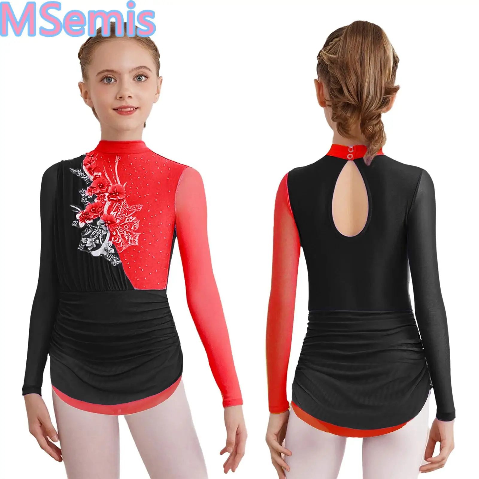 

Kids Girls Lyrical Dress Mock Neck Sheer Mesh Long Sleeves Delicate Shiny Rhinestones Color Block Ruched Figure Skating Dress