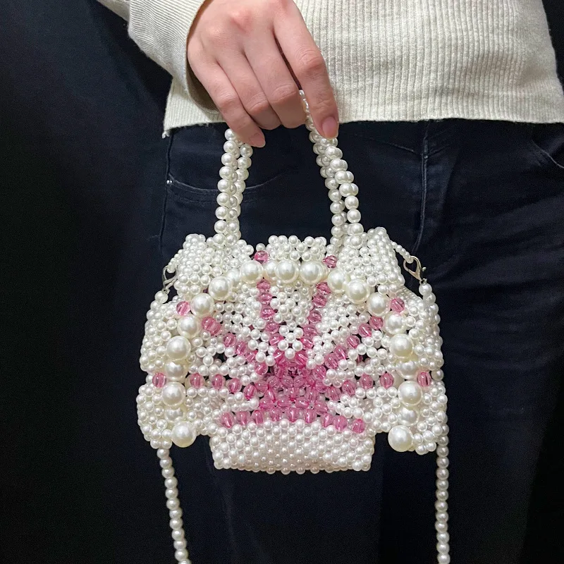French Style Acrylic Pearl Handmade Woven Handbag Casual Color Blocking Beading Hollow Out Bucket Bag Women's Crossbody Bag