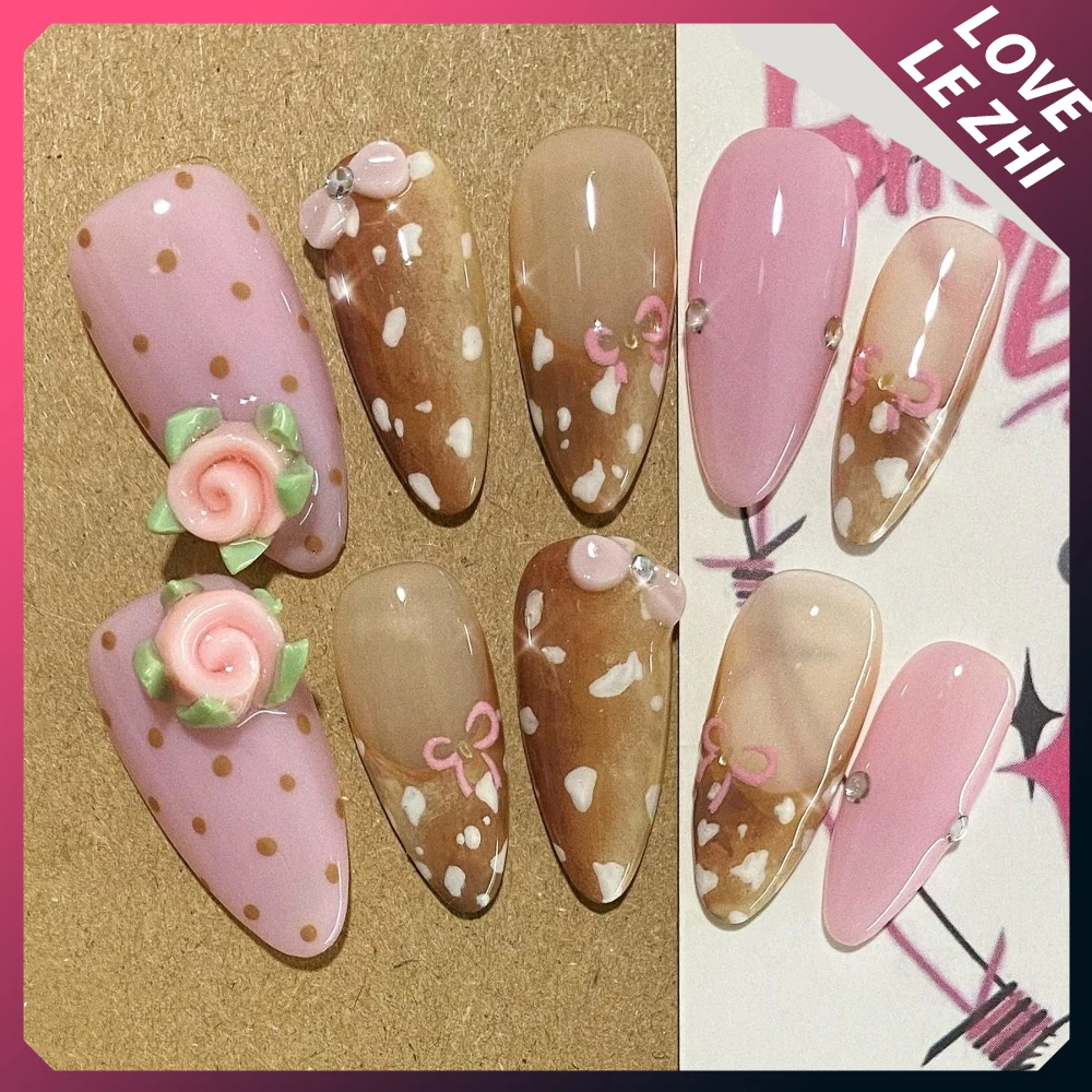 Y2K Spicy Girl Rilakkuma Handmade Long Square Press On Nail Shiny Diamond Sequins 3D Flower Bow Musical Notes Reusable Fake Nail