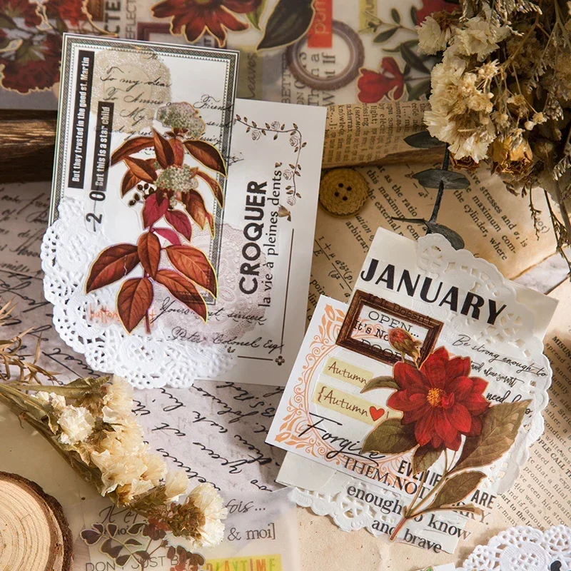 3Sheets Gold Stamping Sulfuric Materials Scrapbook 6 Sections Paper Sticker Flowers Rose Leaves Plants Decoration Cute Stickers
