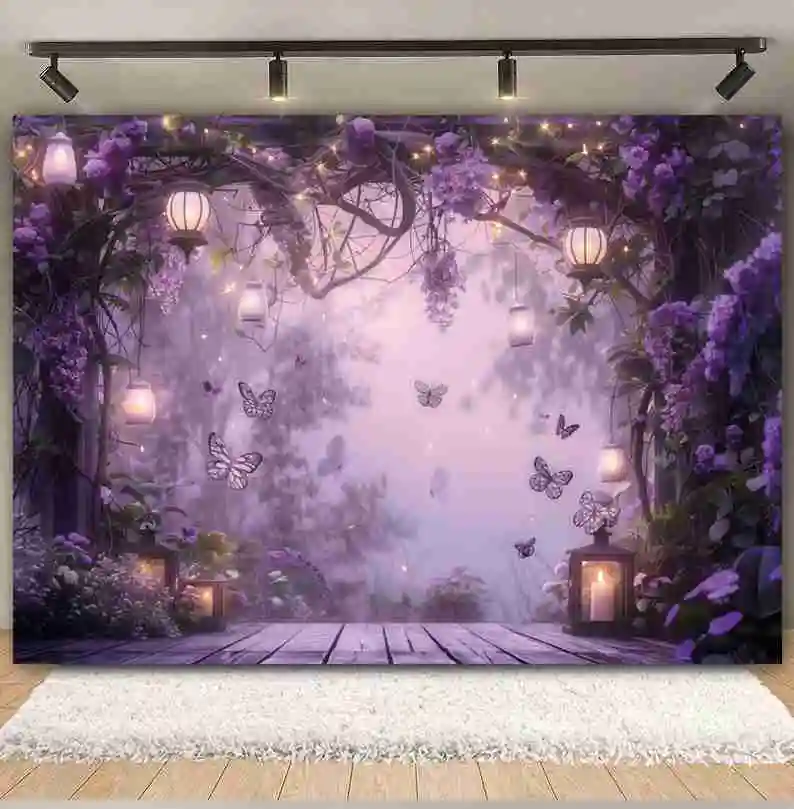 خلفية حديقة خرافية حالمة للتصوير الفوتوغرافي على شكل فراشة أرجوانية وزهور جدارية وشمعة استحمام الطفل وأعياد الميلاد والزفاف وخلفية الصورة #5