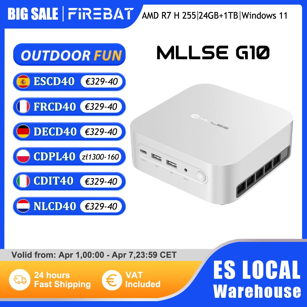 Mini PC Mllse G10 AMD Ryzen 7 H 255 DDR5 24GB RAM 1TB SSD Windows 11 Pro Wi-Fi 6 BT5.2 USB4.0 Mini Computadora de Escritorio para Juegos