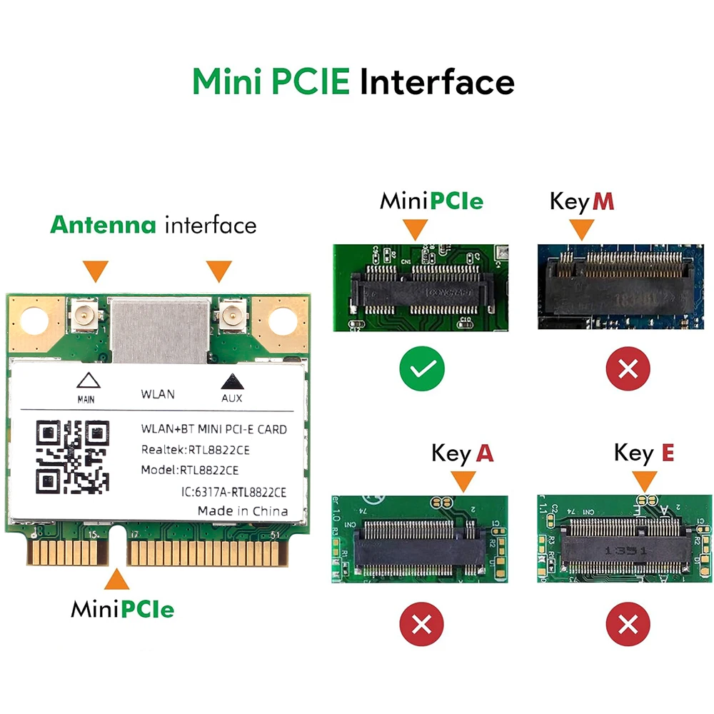 Mini Pcie WiFi 5 BT5.0 1200Mbps RTL8822CE Wireless Wifi Card Network Adapter Dual Band 2.4GHz/5GHz 802.11ac For Win 10/11