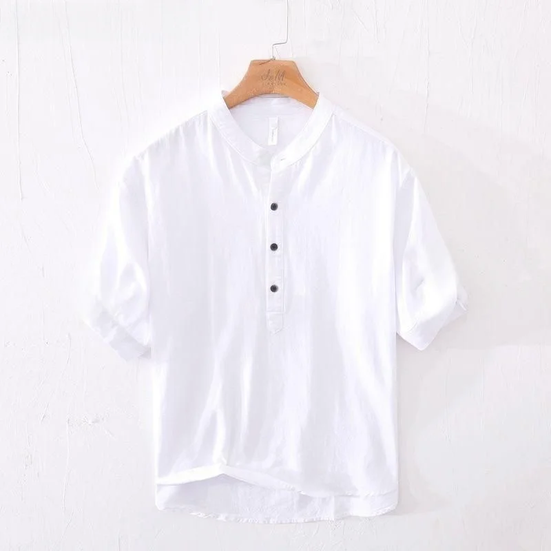 Cotton Linen Short Sleeve Shirt Men's Casual Stand Collar Loose Fit Youthful Style Breathable Comfortable Summer Shirt