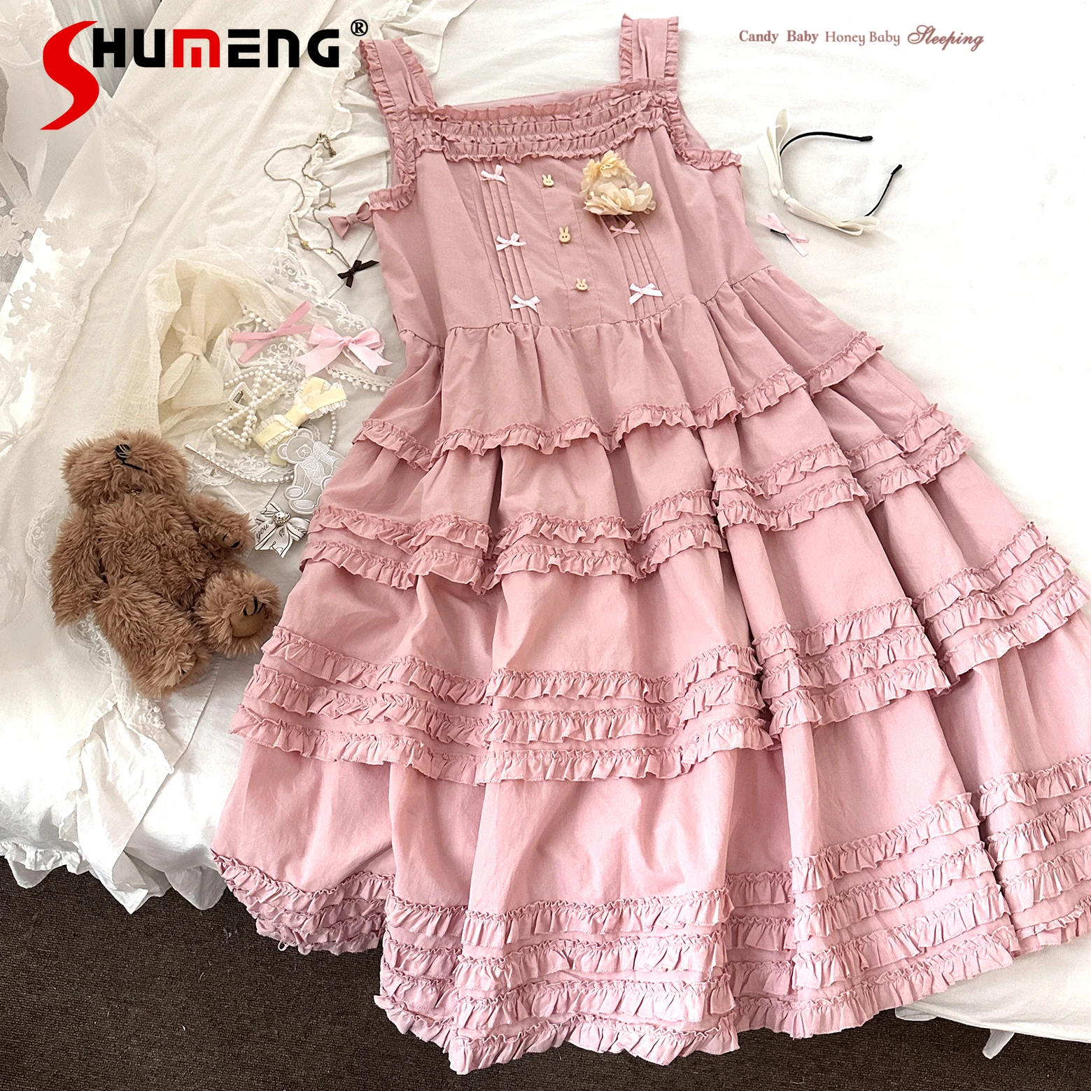 

Japanese Sweet Elegant Mori Girl Style Square Neck Sleeveless Ruffles Splicing Bow Loose Waist Versatile Long Dress Women Summer