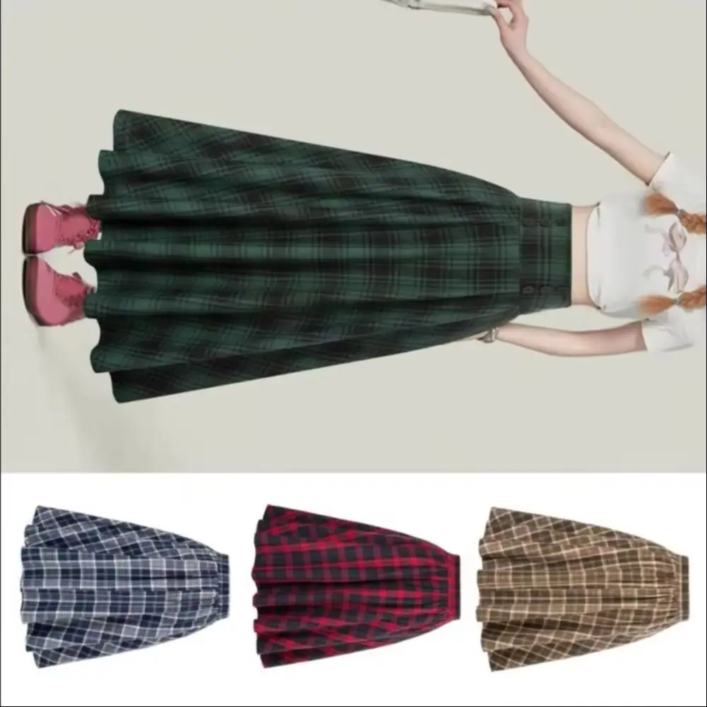 High Waist A-line Design for Women Hem Slim fit Effect Autumn Winter Skirt High Waist Hem Skirt Stylish Plaid Print Midi Skirt