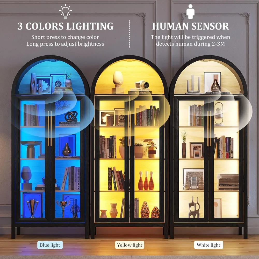 Arched Display Cabinet with Glass Doors, 68” Tall Bookcase 5-Tier Curio Storage Pantry Cabinet with 3 Color LED Lights for C