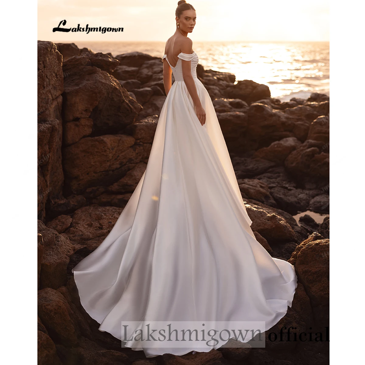 Lakshmigown Schulterfreies Satin-Hochzeitskleid mit Twist-Oberteil, ausgeschnittener Taille, A-Linien-Brautkleid mit Taschen, tiefem V-Ausschnitt am Rücken, individuell anpassbar – Detail 6