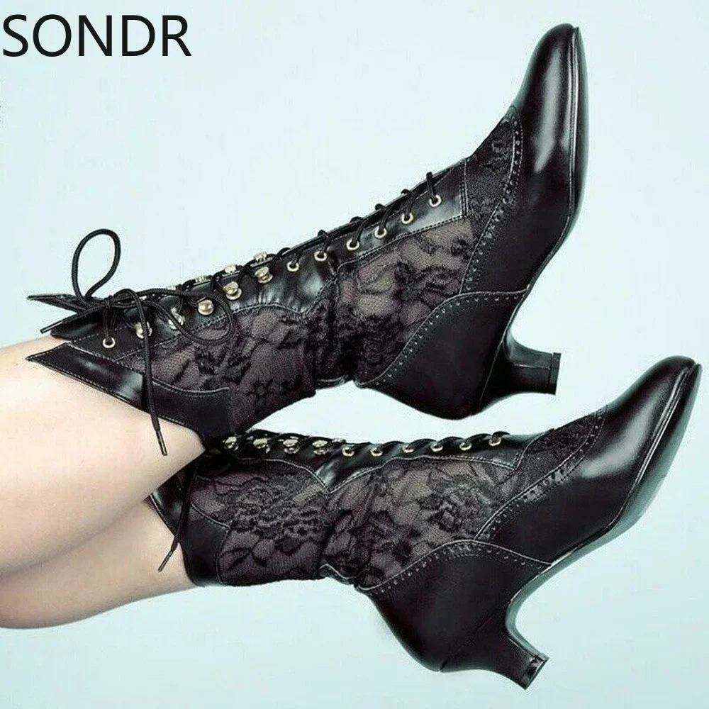 Women Victorian Pointed Toe Mid-Calf Boots Leather Lace Hollow Out Punk Lace Up Strange High Heel Shoes Plus Size