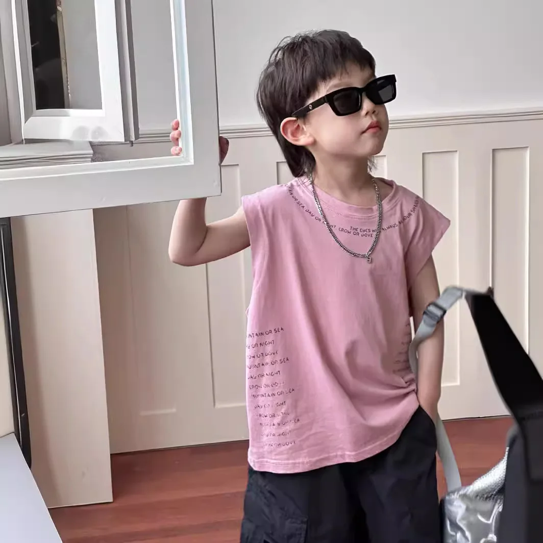 

Boys Shirts 2024 Summer New Korean Style Children Letter Vest Boys All Match Fashion Casual Collar Sleeveless T-shirt