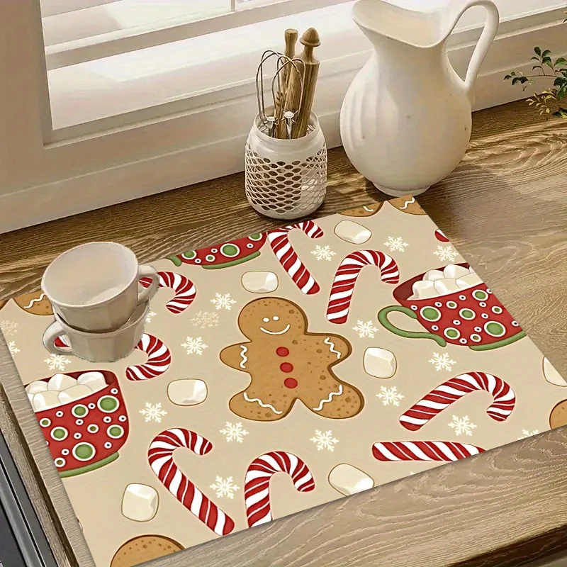 Christmas Dish Drying Mat Absorbent Kitchen Countertop Mat Cute Gingerbread Man Candy Cane Mug Hot Cocoa Coffee Bar Pad
