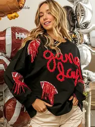 2024 New Tassel Sequin Sweatshirt For Women Long-sleeve Loose Woolen Letters Round Neck Pullover Top