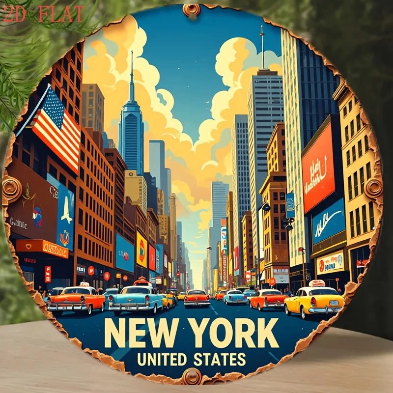 CIFBUY Retro NYC Skyline Yellow Taxi Manhattan Street Scene Aluminum Wall Art Waterproof Durable Metal Sign for Home Office Bar