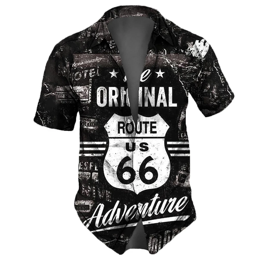 Men'S Shirt Route 66 Retro 3d Fashion For Man Hawaiian Short Sleeve Streetwear Button Tops Daily Party Men Clothing