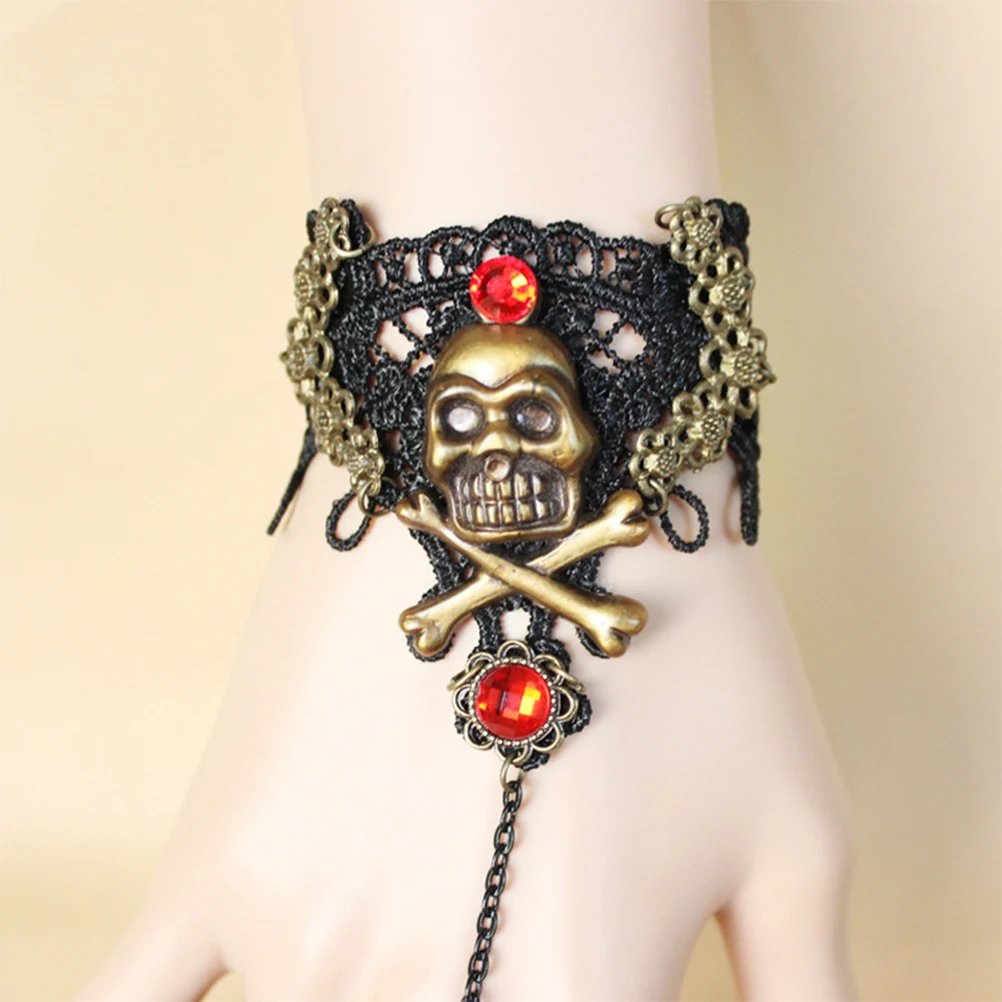 

Halloween Bracelet Pirate Skull Black Lace Women Hand Chain Jewelry Party Costume Accessory Lightweight Durable Portable