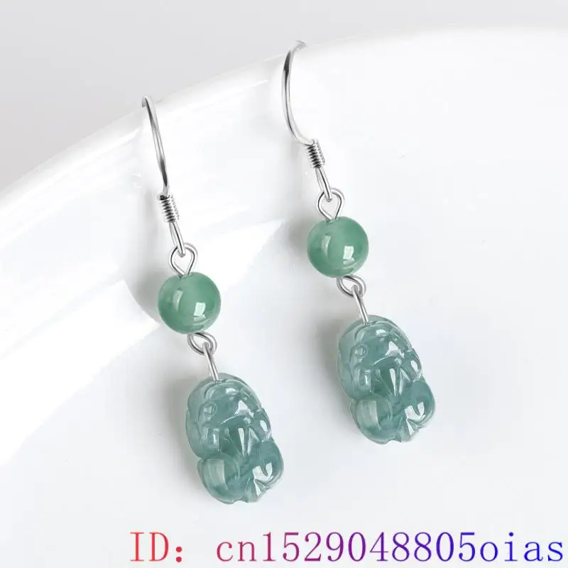 Blue Myanmar Jade Pixiu Earrings Luxury Gemstone Natural Jewelry 925 Silver Real Burmese Jadeite Energy Gifts for Women