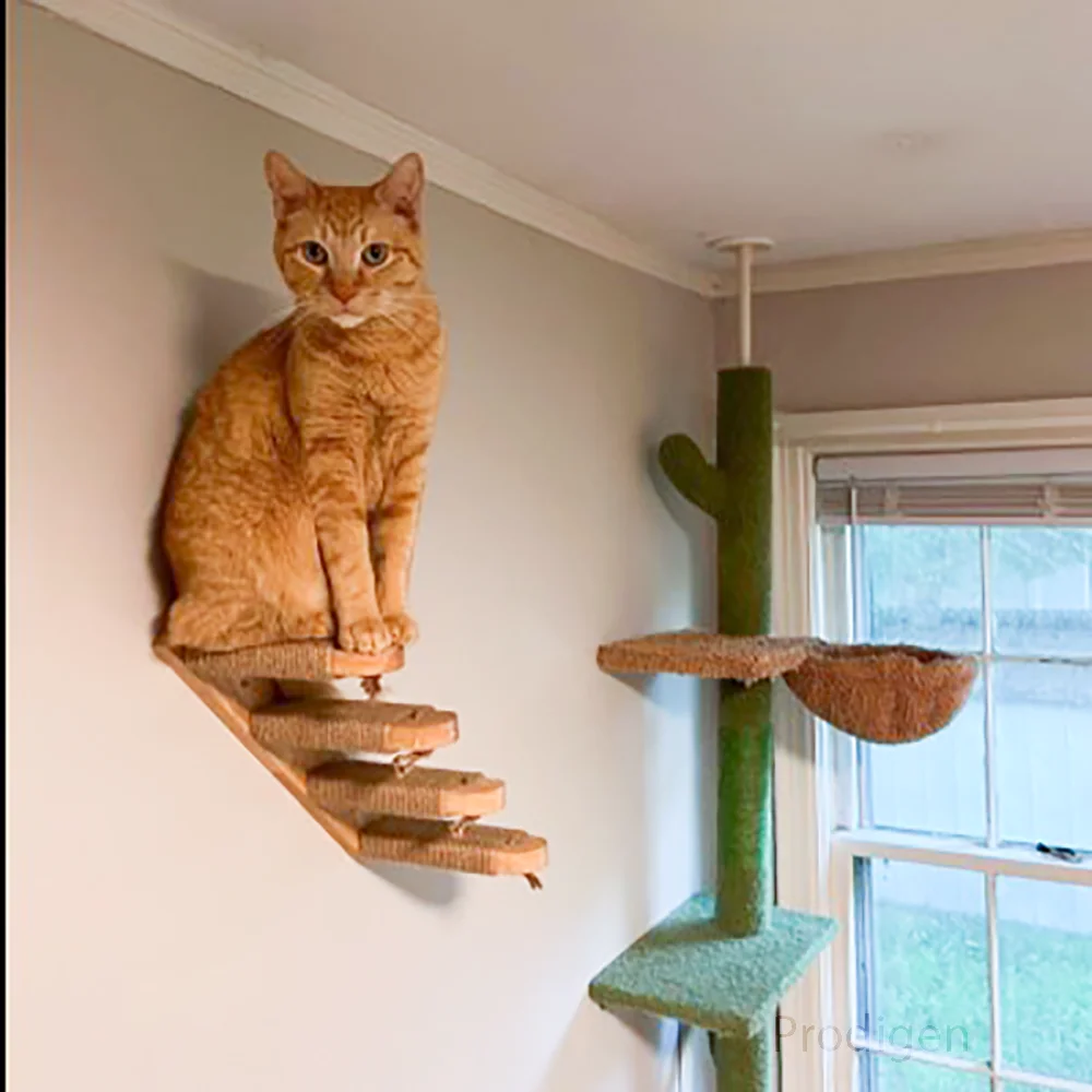 Wall Mounted Cat Shelves Scratching Post Wooden Cat Tree Perches for Wall Cat Steps Ladder Hammock Cat Climbing Wall Furniture