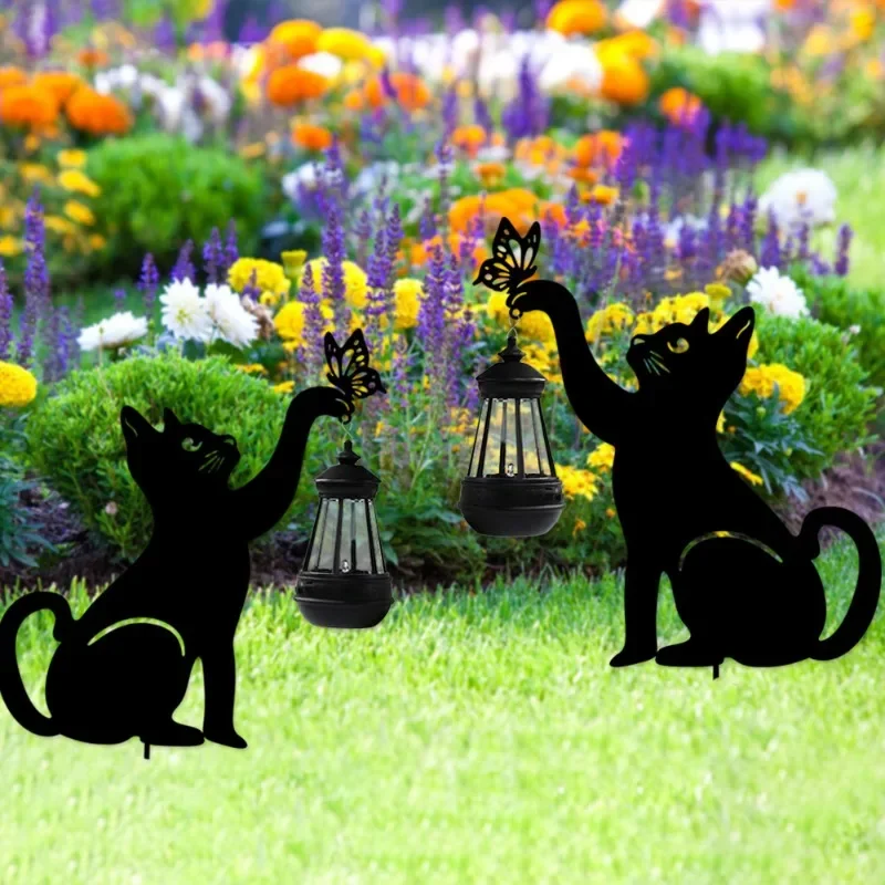 Garden Cat Solar Iron Art Light Outdoor Solar LED Landscape Lights Garden Decor Ornaments Lawn Projection Ambient Lighting