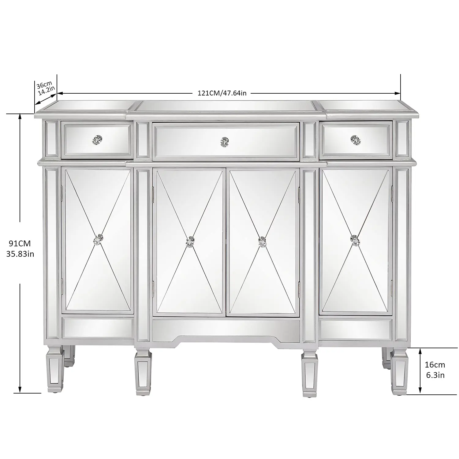 Mirrored Console Table Buffet Cabinet TV Stand with 3 Drawers & 4 Doors, 48