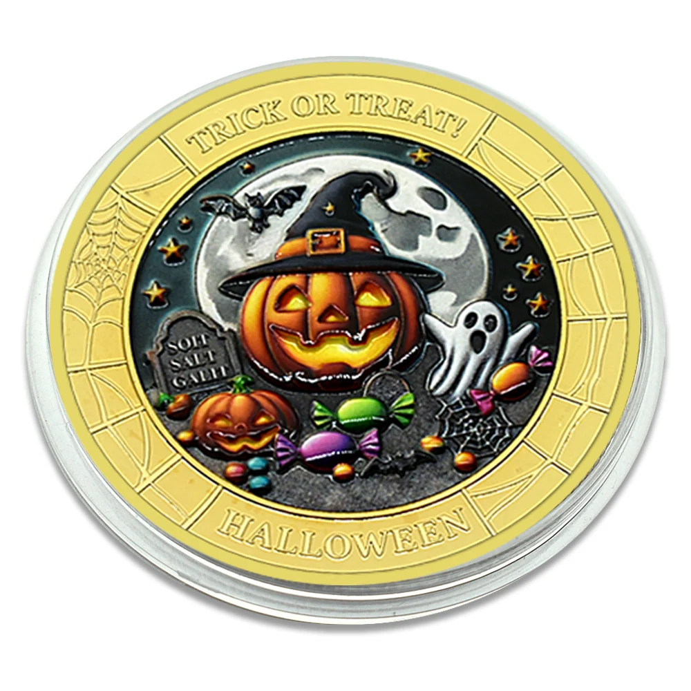 2024 New Halloween Challenge Coin Gold/Sliver Plated Witch&Skeleton Spooky Delights Frights Mischief Decoration Collection Gift