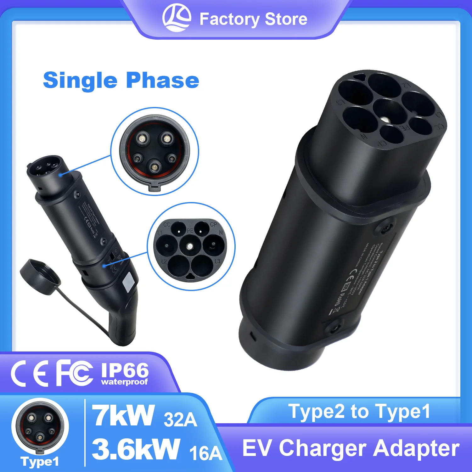 

Kolanky Type 2 to Type 1 Адаптер для зарядки электромобилей 32A 7.2KW IEC 62169 Гнездовая вилка к Sae J1772 Мужская розетка для зарядки электромобиля