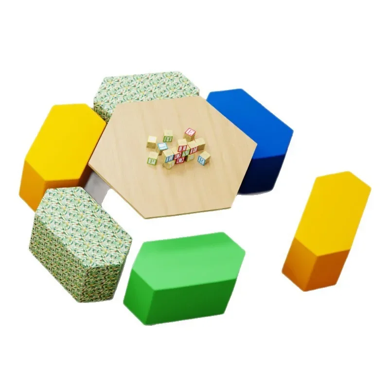 Early education kindergarten sofa stool colorful hexagonal children's rhombus stool soft bag sofa wooden table combination