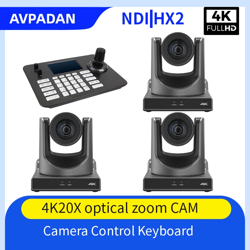 4k60fps 3pcs NDI POE PTZ Camera 12X 20X Zoom Live Streaming Cam and 1PCS PTZ Camera Controller for Video Conference