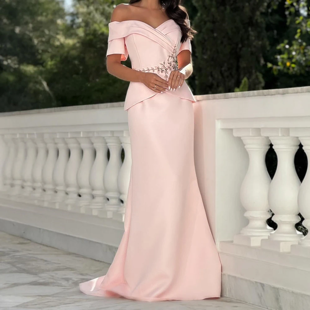 

Customized Mermaid Evening Dresses Floor-length Off The Shoulder Short Sleeve Prom Gown Fashion Flowers Simple Draped Party Gown