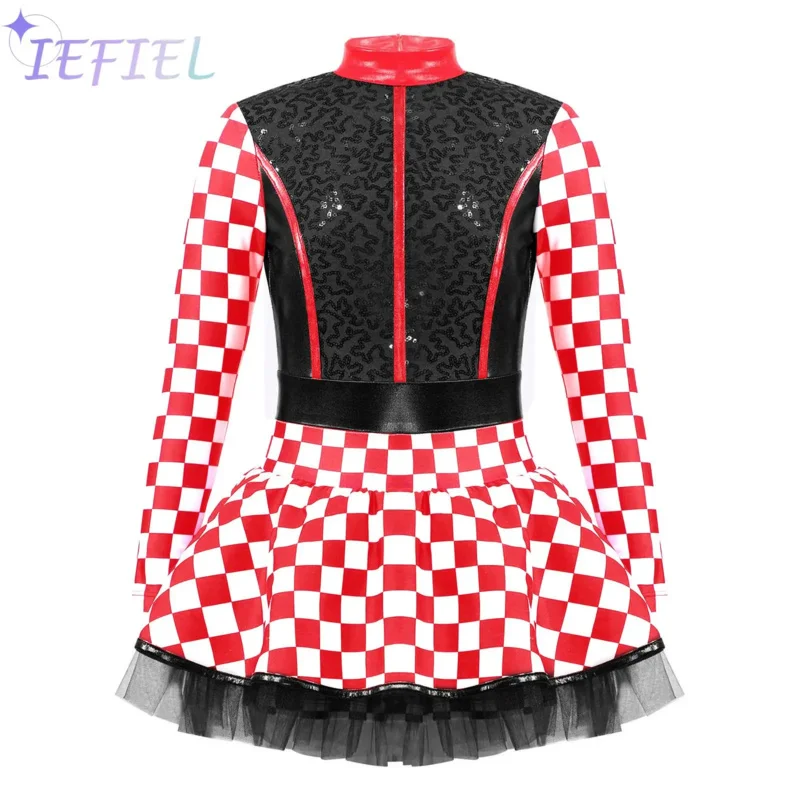 Costume de pom-pom girl imprimé en damier pour enfants, robe de carnaval d'Halloween, combinaison de conducteur de course infectieuse, cosplay de fête