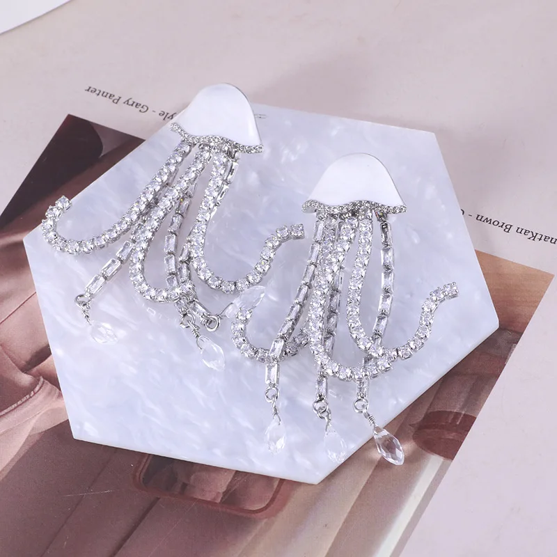 Fashion Sparkle Cubic Zircon Chain Set Hand-painted Drop Glaze Creative Jellyfish Personality Drop Tassel Long Earring for Women