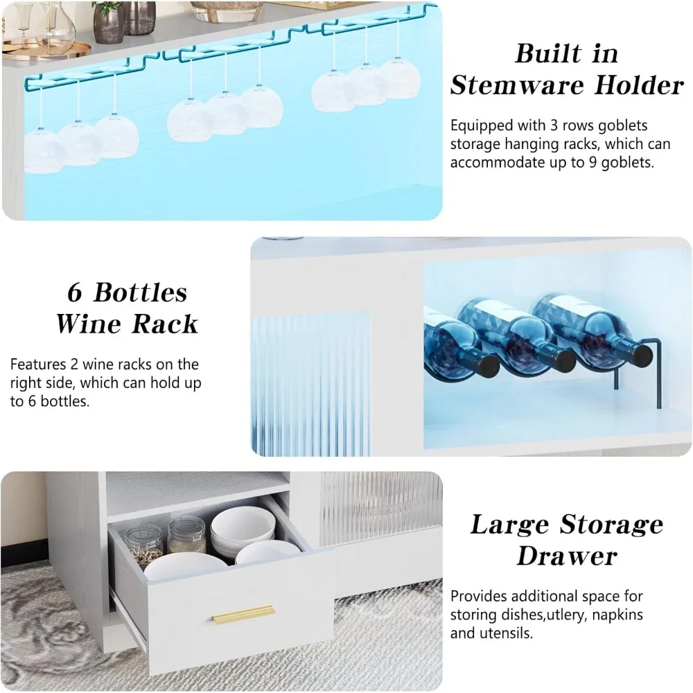 Wine Bar Cabinet w/ LED Light - Modern Kitchen Coffee Bar w/ Wine & Glass Rack"