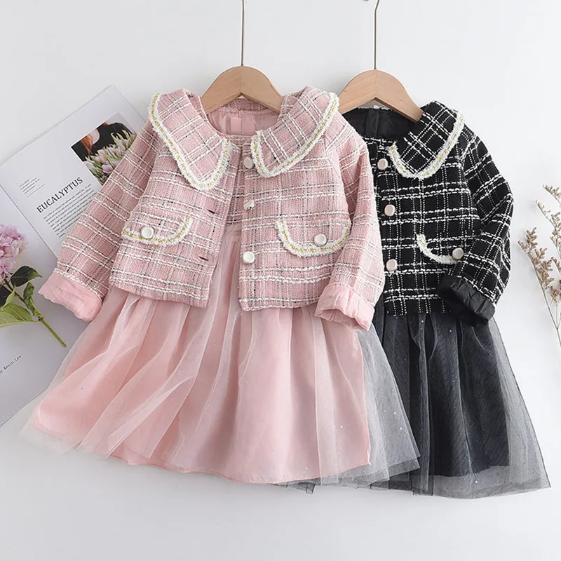 Girls Sweet Outfit Single Breasted Turn-down Collar Coat + Sleeveless Dress 2 Pcs Set Kids Fashion Party Clothes 2-7 Years