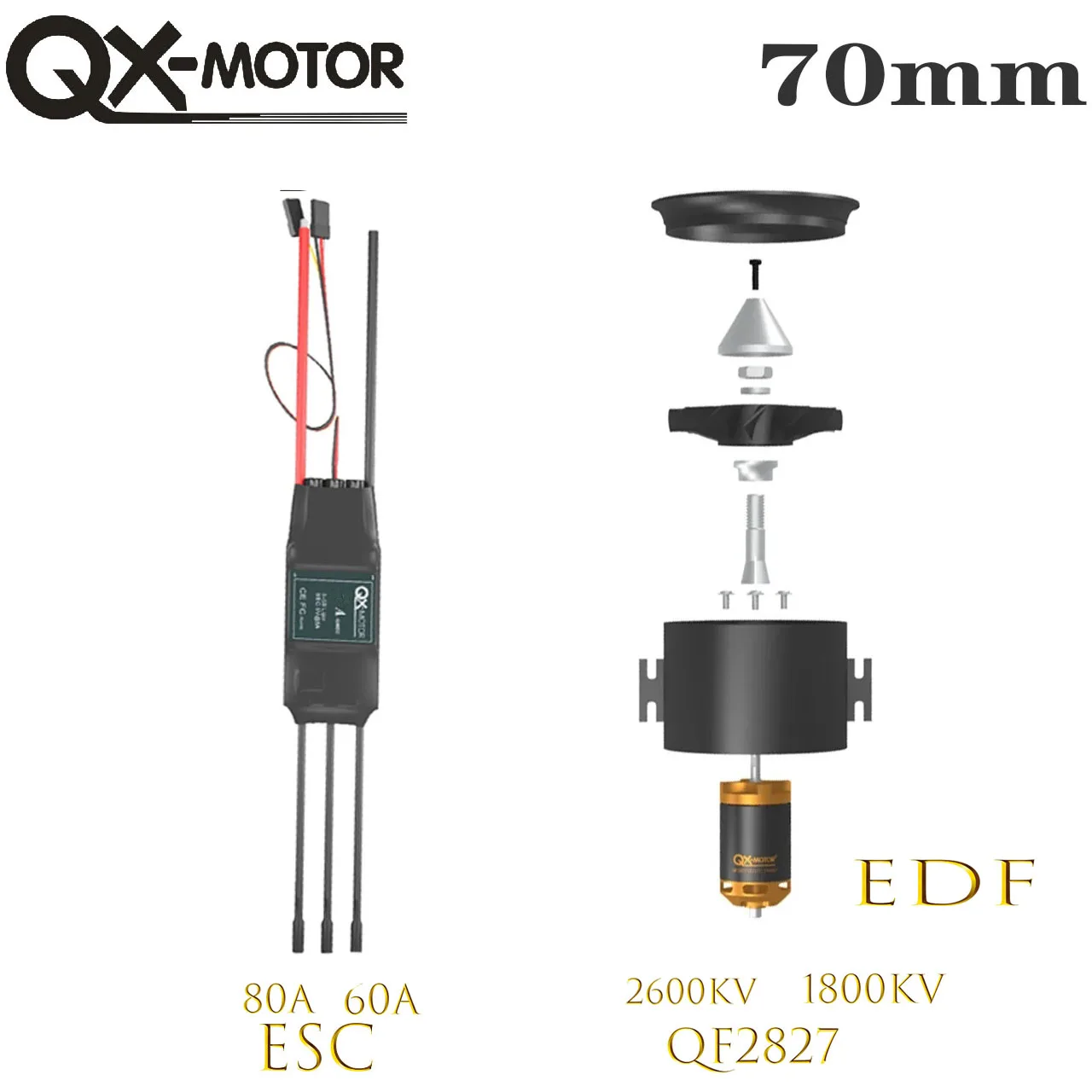 

QX-Motor 70mm EDF 12 Blades QF2827- 1800kv 2600kv Brushless Motor With 60A 80A 6S ESC For RC Remote Control Toy Airplane