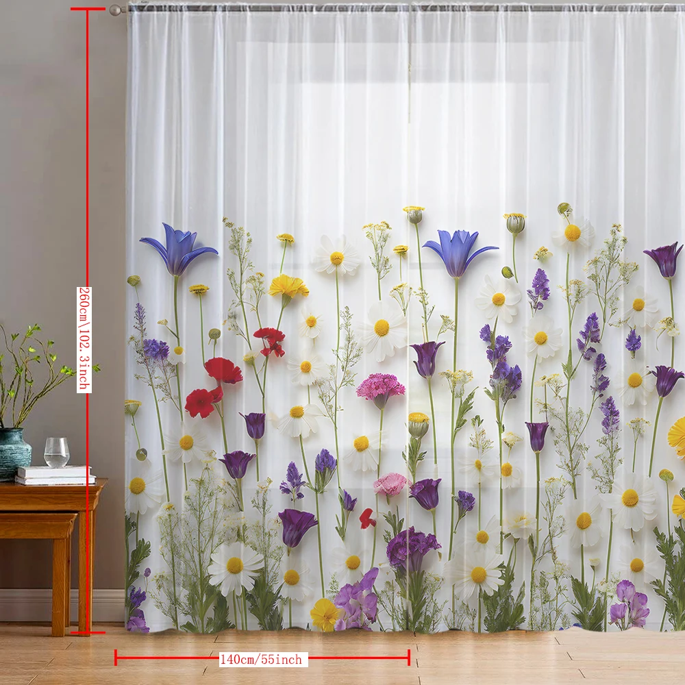 2PCS 2D floral printed window screens for home decoration, with pole bags, suitable for kitchens, cafes, and living rooms