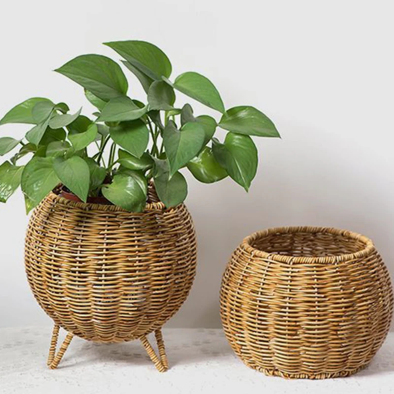 Imitation Rattan Baskets With Lid Handwoven Flower Pot Planter Sundry Wicker Storage Boxes Home Organizer Plastic Box