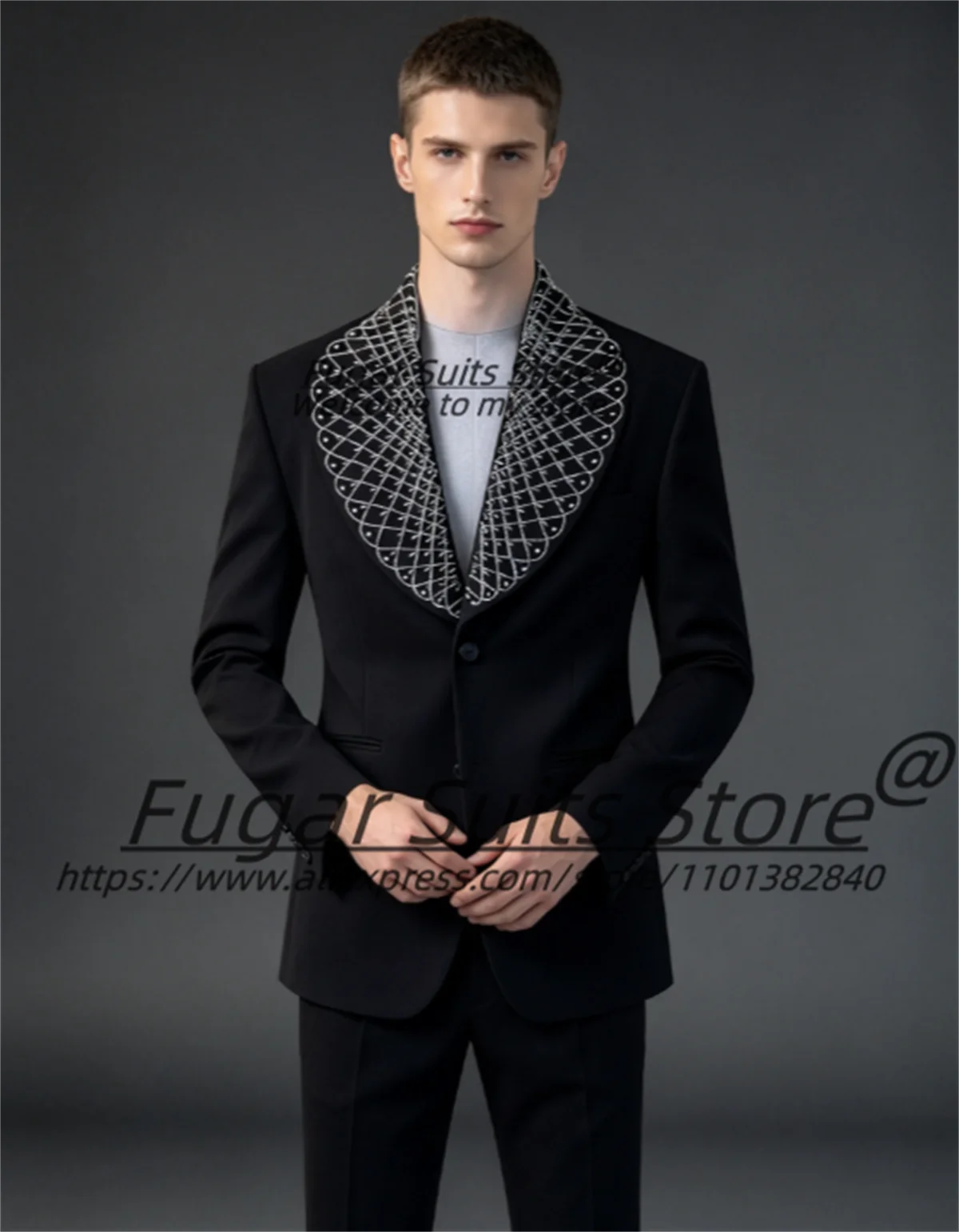 Luxurious Black Men Suit Fashion Silver Rhinestone Grid Shawl Lapel Groom Wedding Tuxedos2Pcs Sets Male Prom Blazers Ropa Hombre