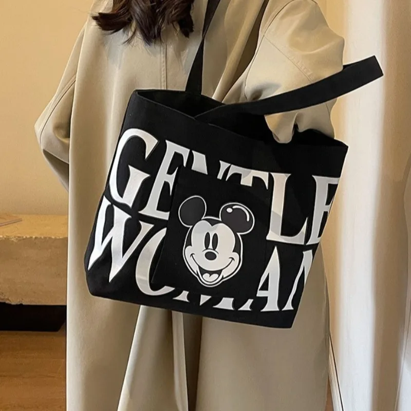 Bolsa de ombro do mickey mouse, lona de desenho animado, grande capacidade, preta, resistente a manchas, versátil, portátil, moda, sacola de compras