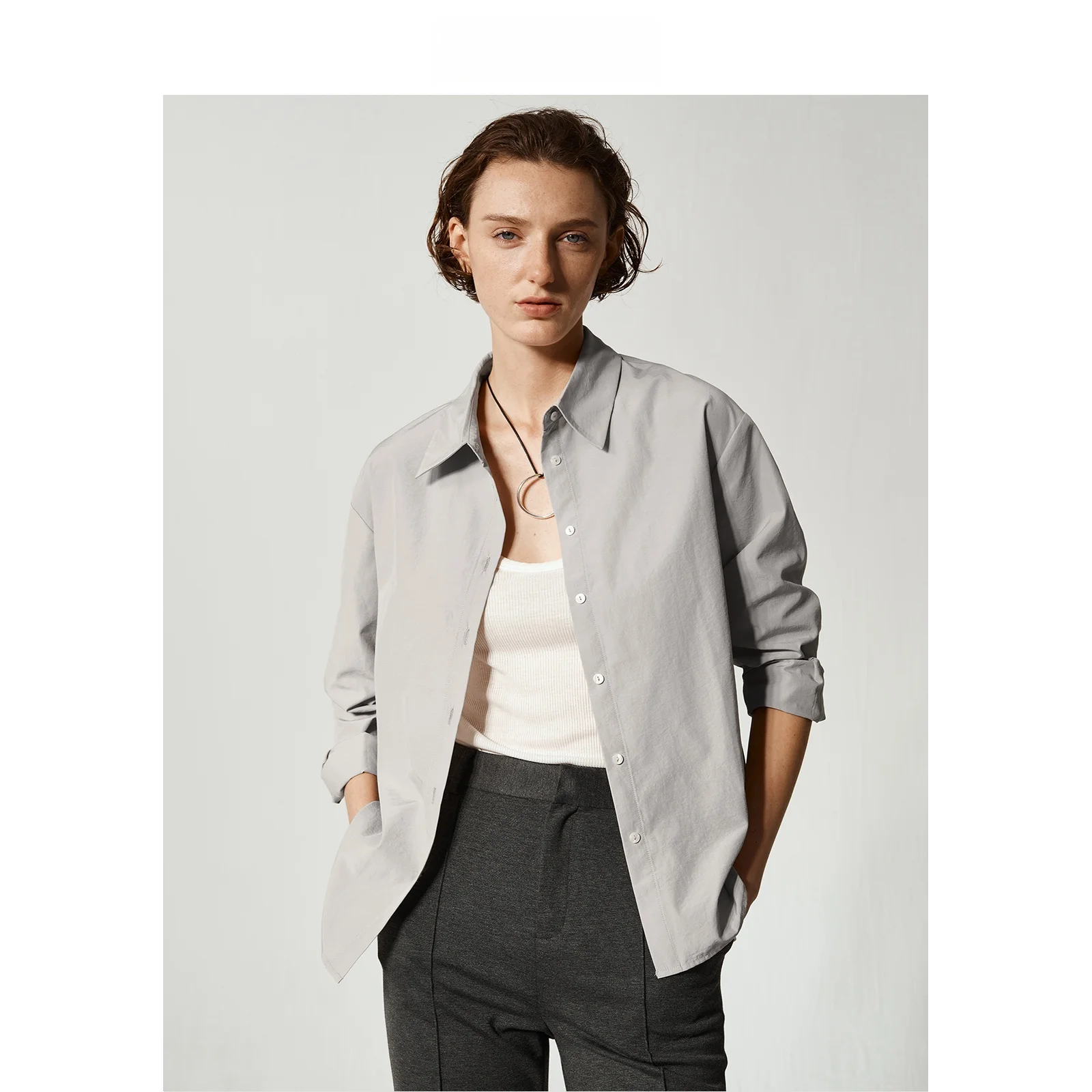 

LeLenth Casual Style Long Sleeve Shirt Women's Design Small Collar Wrinkle Effect Grey Casual Versatile Top Polyester Blend
