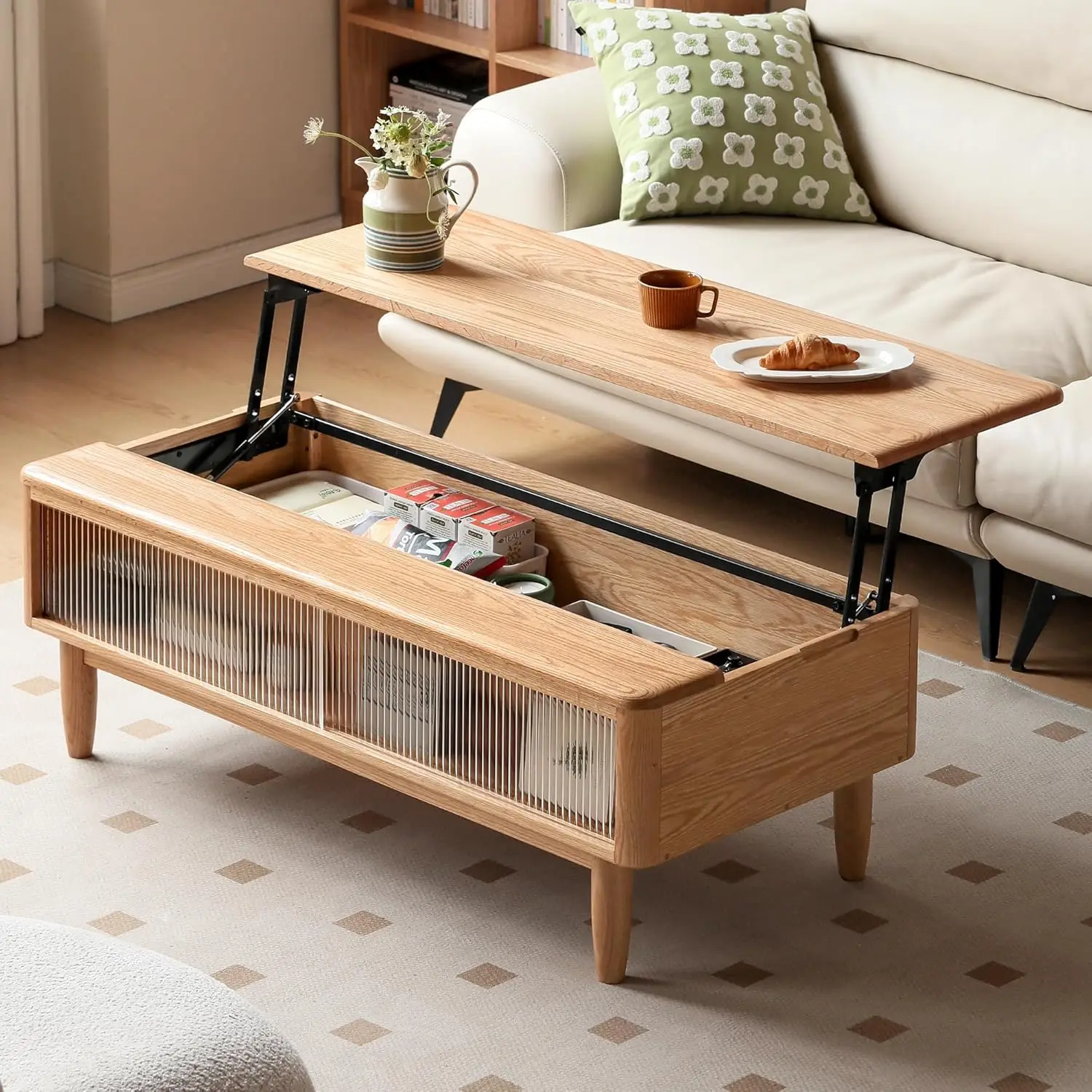 

Lift Top Solid Oak Wood Coffee Table with Glass Sliding Door Storage for Living Room 47.24" W, Customized
