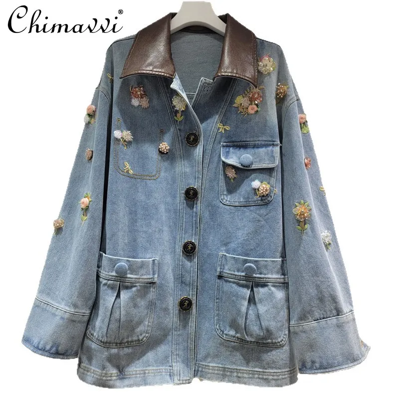 

Autumn Winter New Fashion Casual Floral Embroidery Turn-down Collar Long Sleeve Jacket Women Heavy Loose Streetwear Denim Coat