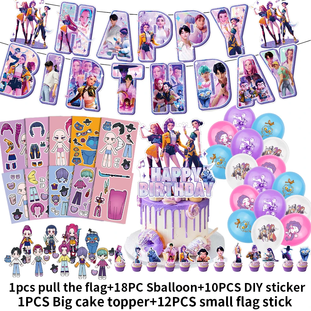 Déco Anniversaire Demon Hunters – 40 Pièces – Bannière, Ballons Lettres, Figurines – Pour Fête Thème
