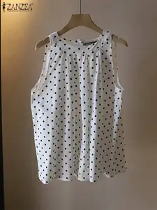 ZANZEA Sweety Loose Polka Dot Tank Tops Women Summer Vest Korean Fashion Sleeveless O-neck Thin Tunic Holiday Beach Casual Tanks