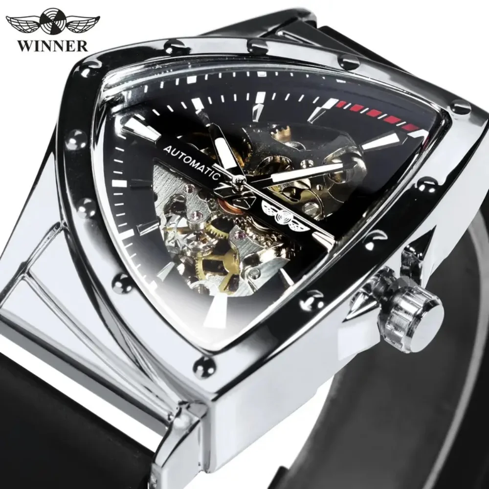 Sporty Triangular Skeleton Automatic Men's Watch with Luminous Hands, Fashionable Rubber Strap, Luxurious Military Mechanical Watch