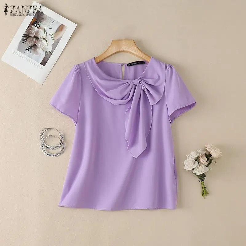 2026 Summer Blouse ZANZEA Women O Neck Short Sleeve Bows Tops Elegant Solid OL Work Shirt Female Casual Holiday Tunic Mujer