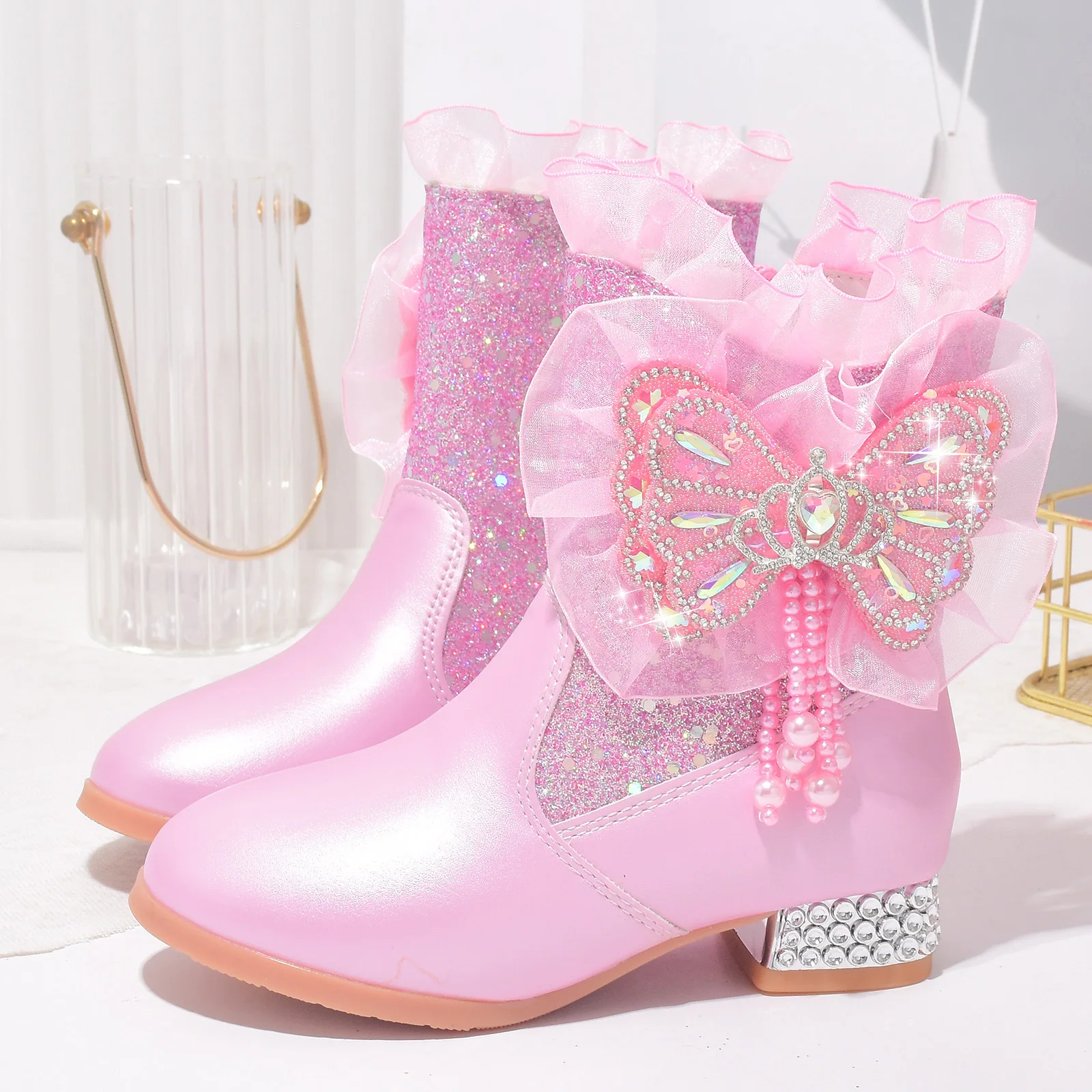 

Детские теплые ботильоны, осенне-зимние детские бархатные ботильоны принцессы на высоком каблуке с кристаллами для маленьких девочек, изысканный рождественский подарок